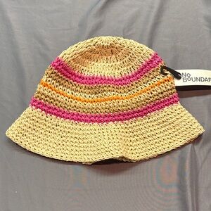 Women's Striped Crochet Straw Bucket Sun Hat NWT